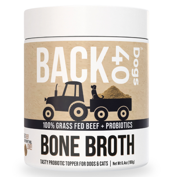 Back 40 Dogs bone broth container with beef and probiotics.